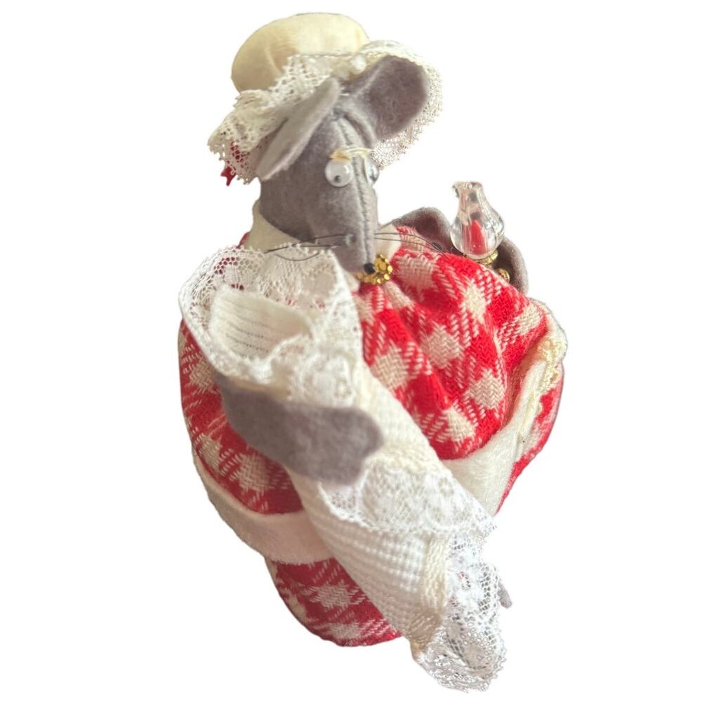 VTG Mice Folk Art Handmade Mouse Holding Lantern Red‎ And White Grey - Picture 6 of 7